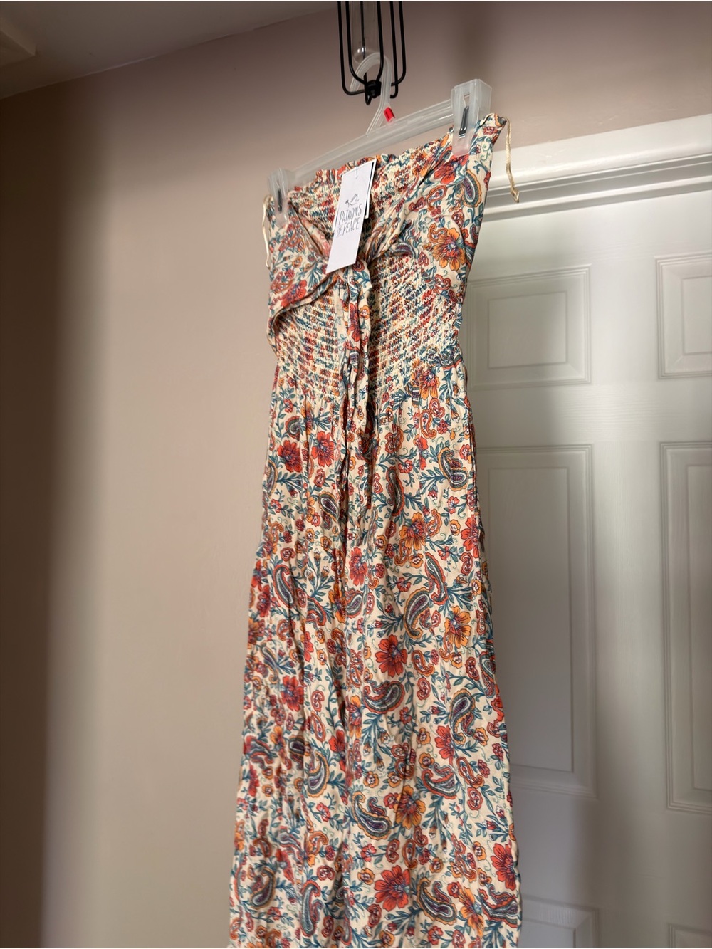 Patrons of Peace Floral Smocked Waist Jumpsuit in Cream, Orange & Teal